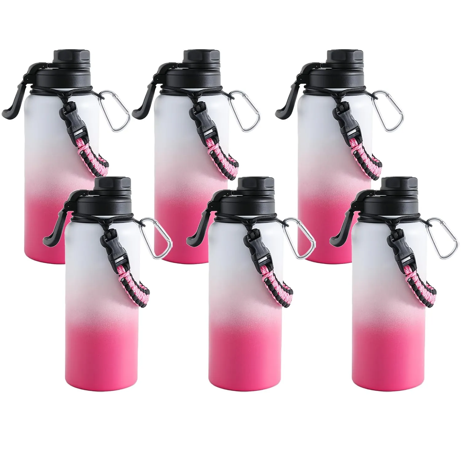 Kuber Industries Water Bottle | Steel Water Bottle for Daily Use | Vacuum Insulated Flask Water Bottle with Rope | Hot & Cold Water Bottle | 960 ML | LX-230610 | Pack of 6 | Pink & White