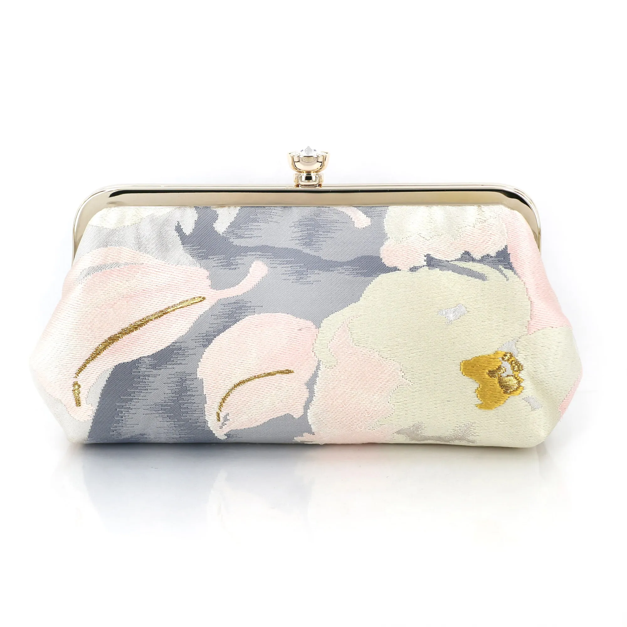 [LAST ONE] Camellia Clutch in Pastel Pink Lilac and Gold | Upcycled from vintage Japanese Obi