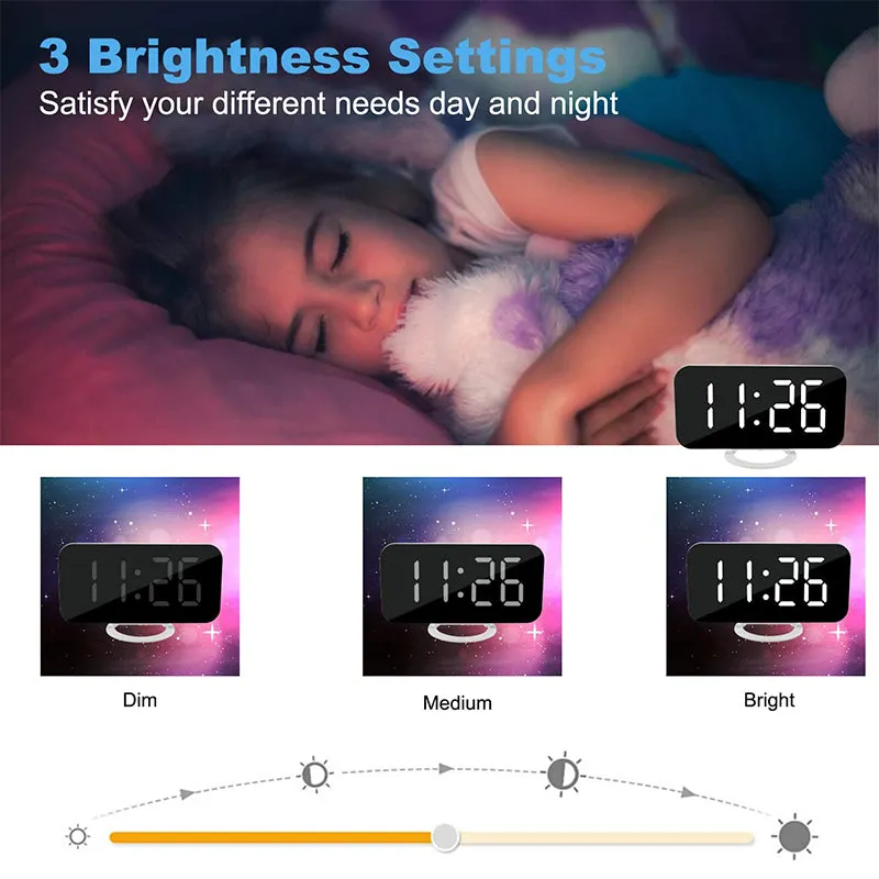 LED Mirror Digital Alarm Clock with Diming Mode Dual USB Ports
