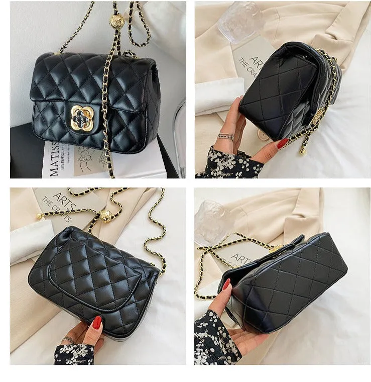 Little Golden Ball Bag Women’s New Style Small Fragrance Style Shoulder Crossbody Bag Four-leaf Clover Diamond Chain Women’s Bag