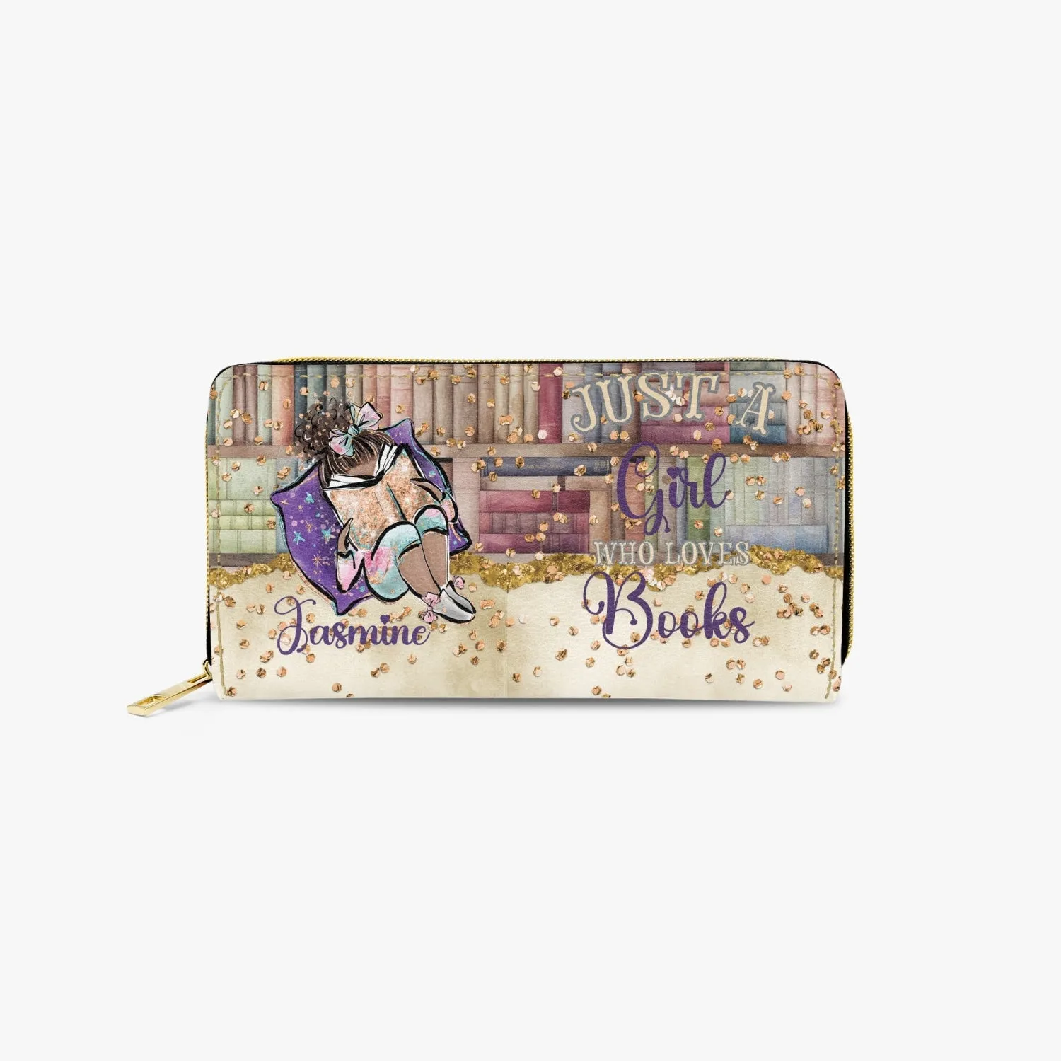 Long Type Zipper Purse, Just a Girl Who Loves Books, Brunette Hair Olive Skin