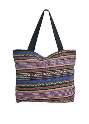 Multicolored Canvas Tote Bag with Tribal Patterns