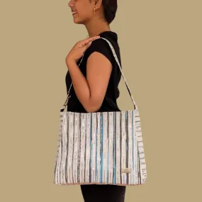 Multicolored Shimmery Striped Upcycled Handwoven Trapeze Tote (TT0125-001) PS_W