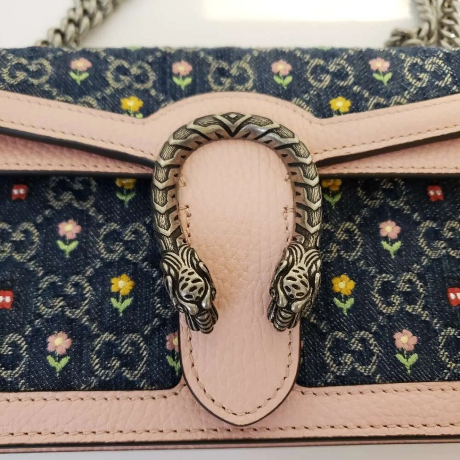 New Gucci Denim Floral Embroidered GG Monogram Dollar Calfskin Small Dionysus Bag