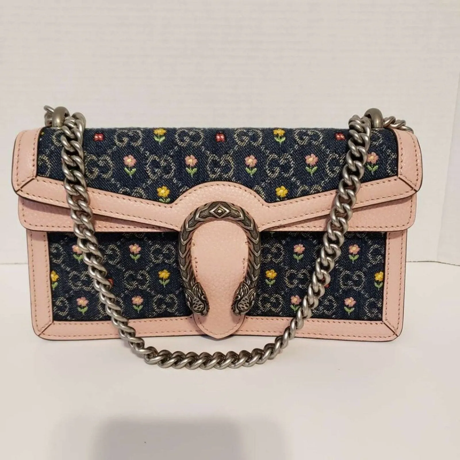 New Gucci Denim Floral Embroidered GG Monogram Dollar Calfskin Small Dionysus Bag