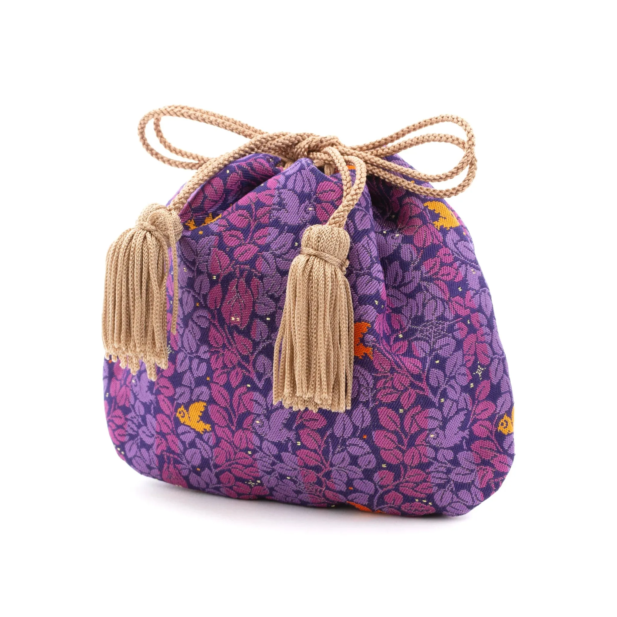 Nishijin-ori Small Drawstring Bag - Awl, hidden Bat and Cat -,  Made in Kyoto, Japan,  Japanese traditional craft purse