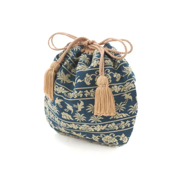 Nishijin-ori Small Drawstring Bag - Bird / Navy Blue -,  Made in Kyoto, Japan,  Japanese traditional craft purse