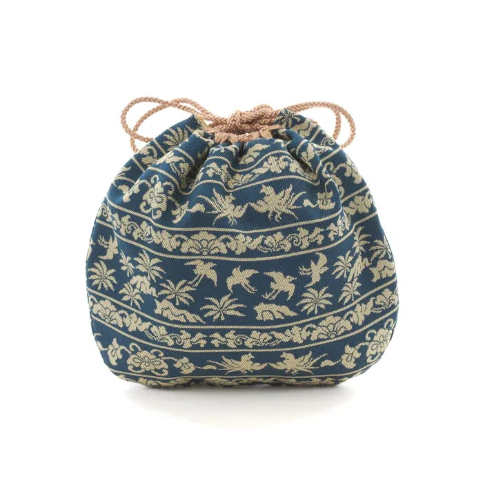 Nishijin-ori Small Drawstring Bag - Bird / Navy Blue -,  Made in Kyoto, Japan,  Japanese traditional craft purse