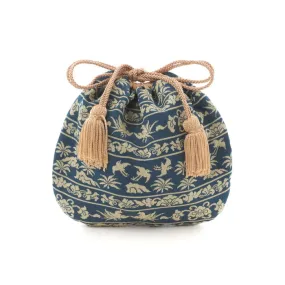 Nishijin-ori Small Drawstring Bag - Bird / Navy Blue -,  Made in Kyoto, Japan,  Japanese traditional craft purse