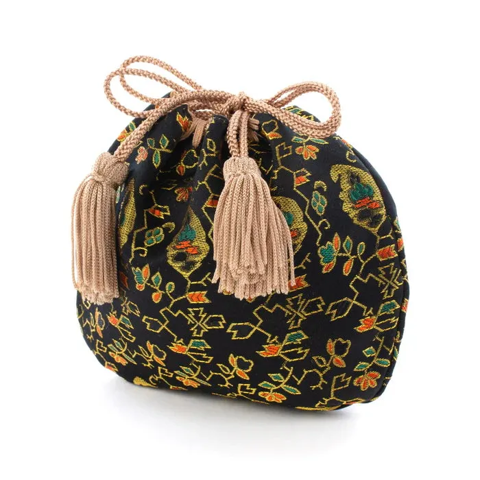 Nishijin-ori Small Drawstring Bag - Flower, Fruit, and Tree / Black -,  Made in Kyoto, Japan,  Japanese traditional craft purse