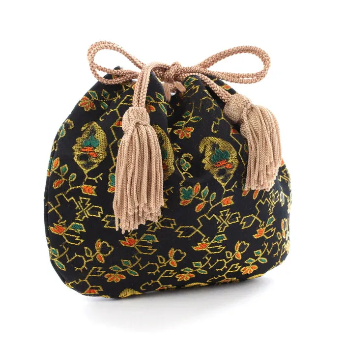 Nishijin-ori Small Drawstring Bag - Flower, Fruit, and Tree / Black -,  Made in Kyoto, Japan,  Japanese traditional craft purse