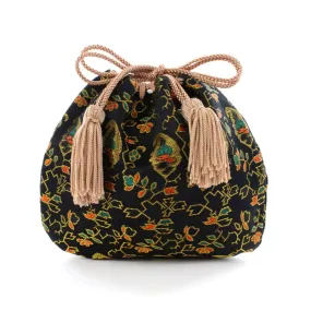 Nishijin-ori Small Drawstring Bag - Flower, Fruit, and Tree / Black -,  Made in Kyoto, Japan,  Japanese traditional craft purse