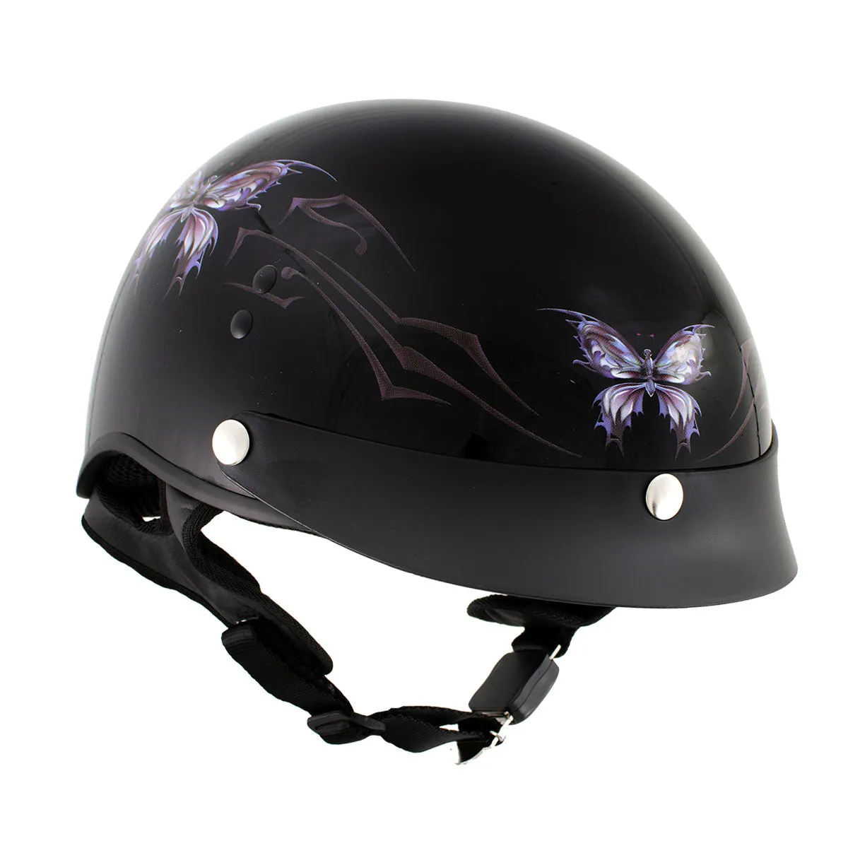 Outlaw T70 'Purple Butterfly' Advanced DOT Glossy Black Motorcycle Half Helmet