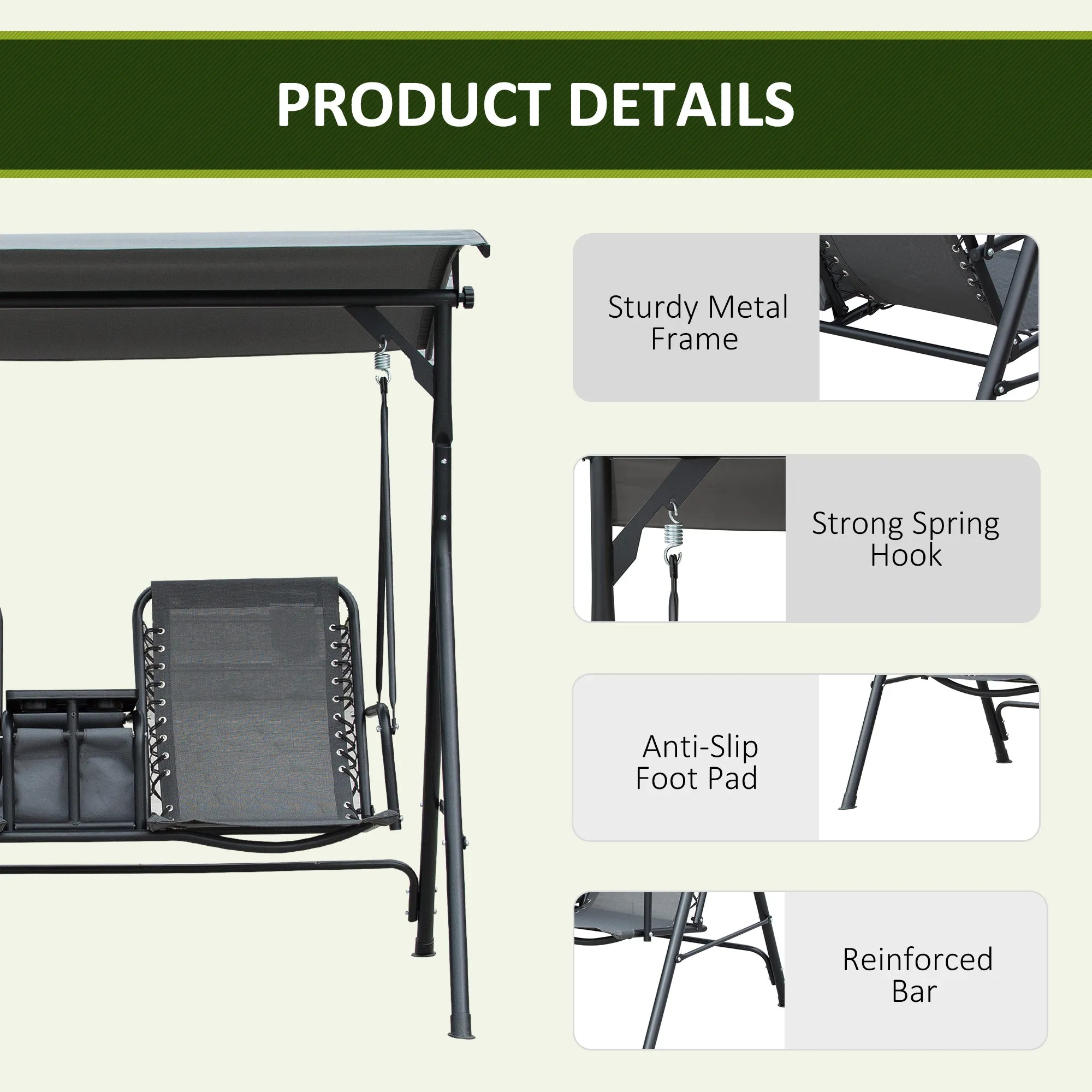 Outsunny 2 Person Swing Chair with Pivot Table & Middle Storage Console, Grey