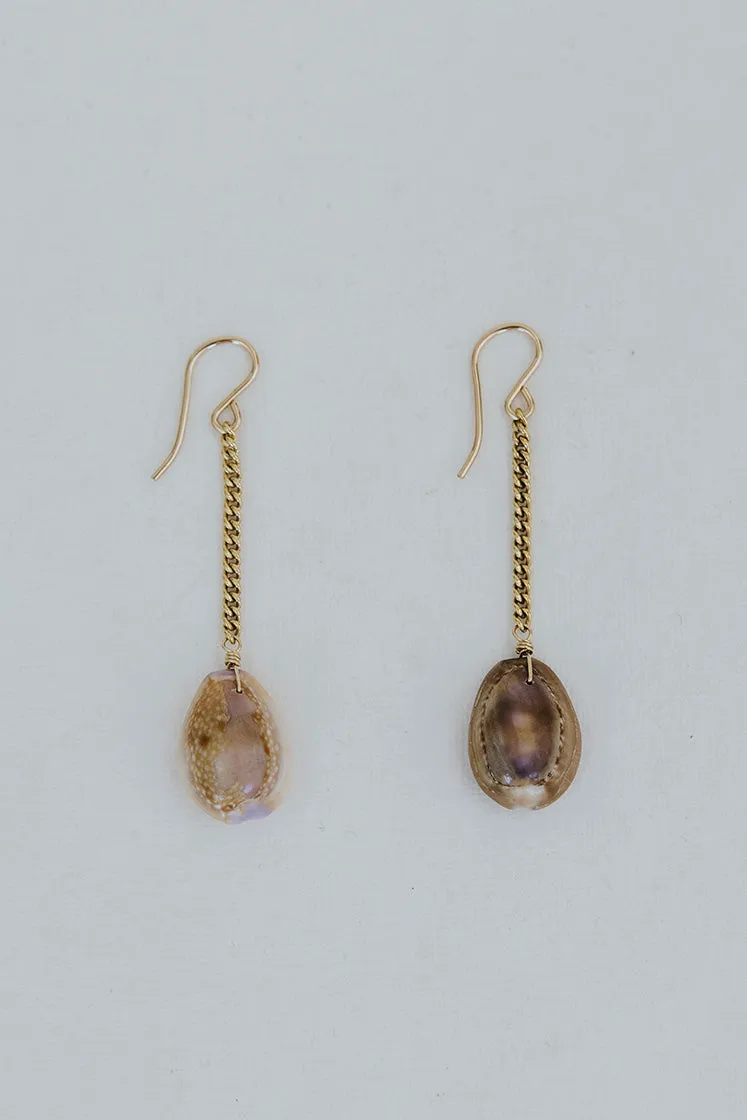 Petite Shell Drop Chain Earrings - Cowrie Shell