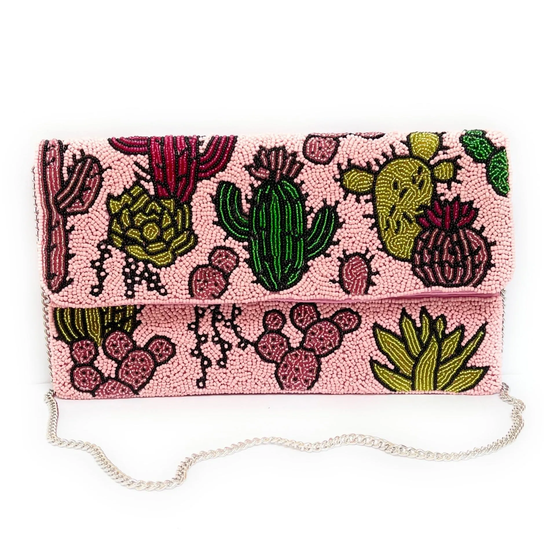 Pink Desert Cactus Beaded Clutch Purse