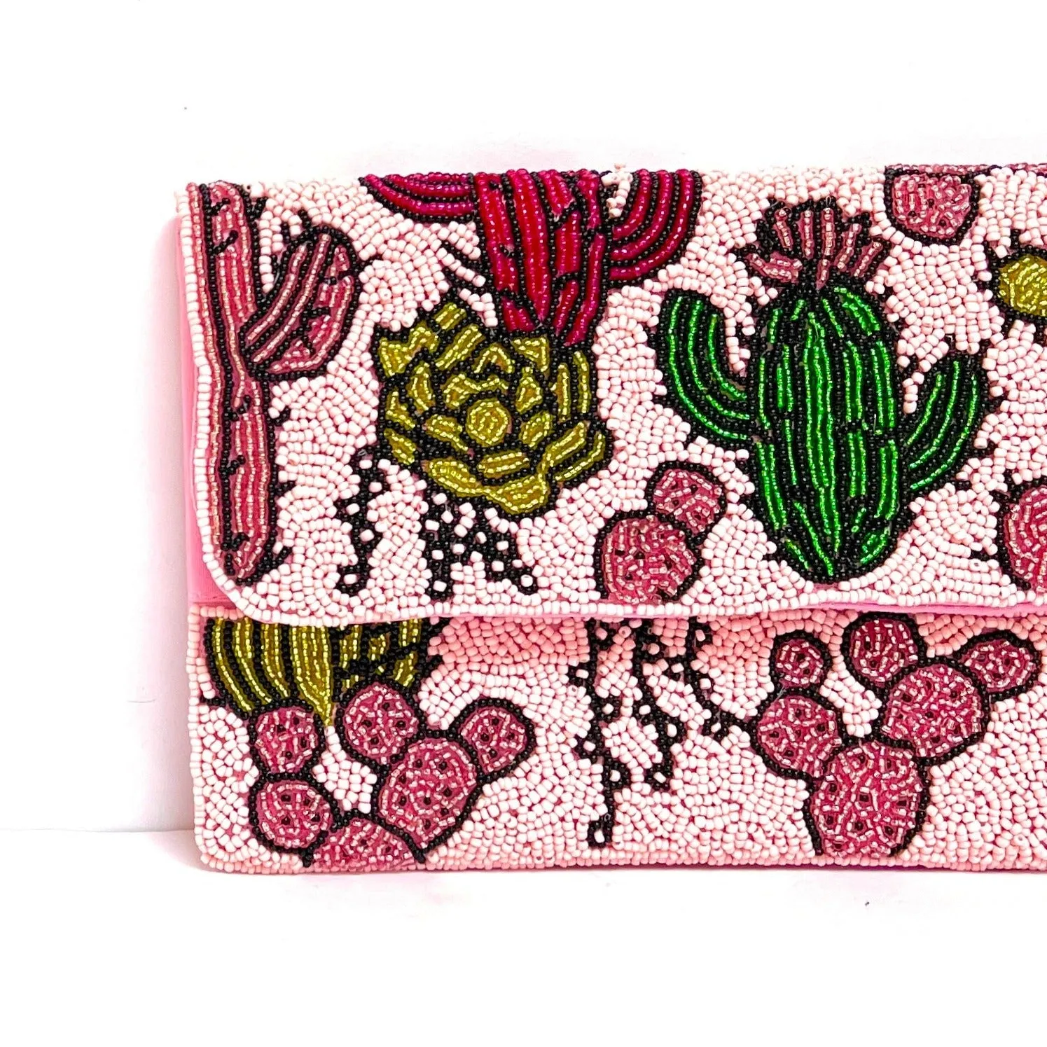 Pink Desert Cactus Beaded Clutch Purse