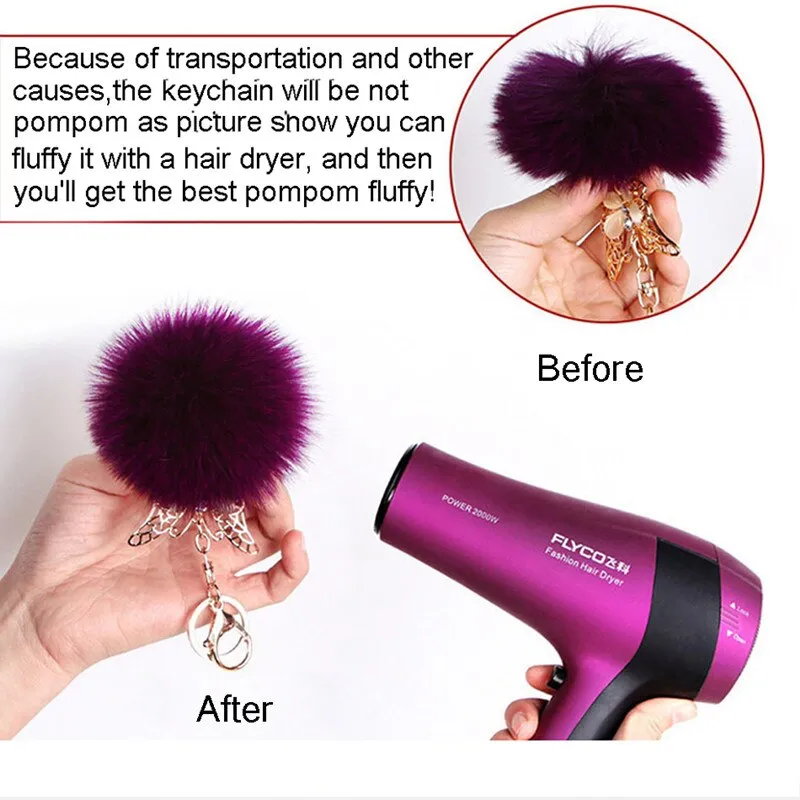 Pompoms Keychain Small Faux Fur Ball with Gold Plated Keyring |  Light Pink