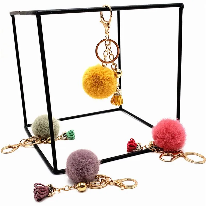 Pompoms Keychain Small Faux Fur Ball with Gold Plated Keyring |  Light Pink