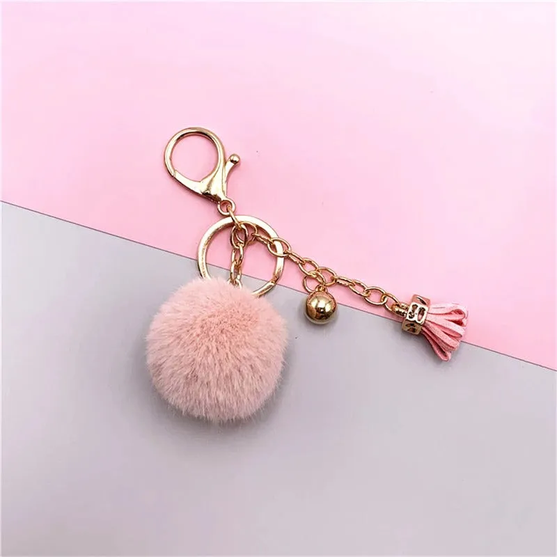 Pompoms Keychain Small Faux Fur Ball with Gold Plated Keyring |  Light Pink