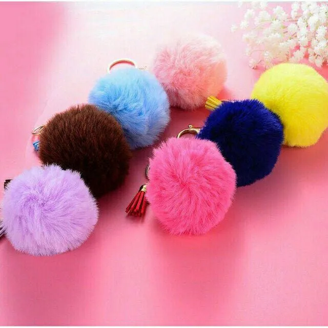 Pompoms Keychain Small Faux Fur Ball with Gold Plated Keyring |  Light Pink