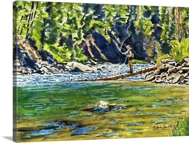 "Casting from a Log" - 9x12 original watercolor framed 11x14