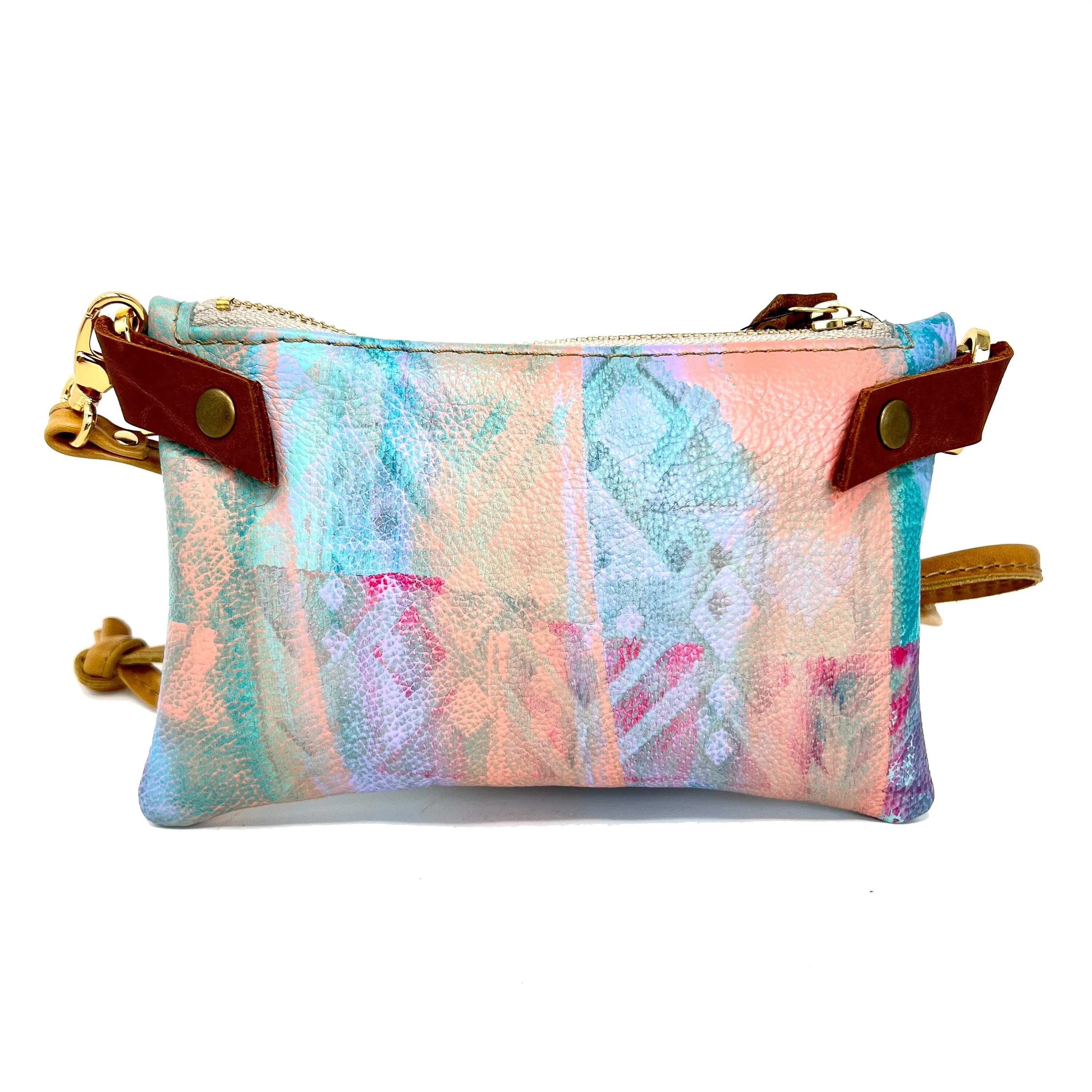 Small Leather Shoulder Bag Crossbody Purse For Women - Hand Painted in Colors of Peach Turquoise & Lilac - One Of A Kind