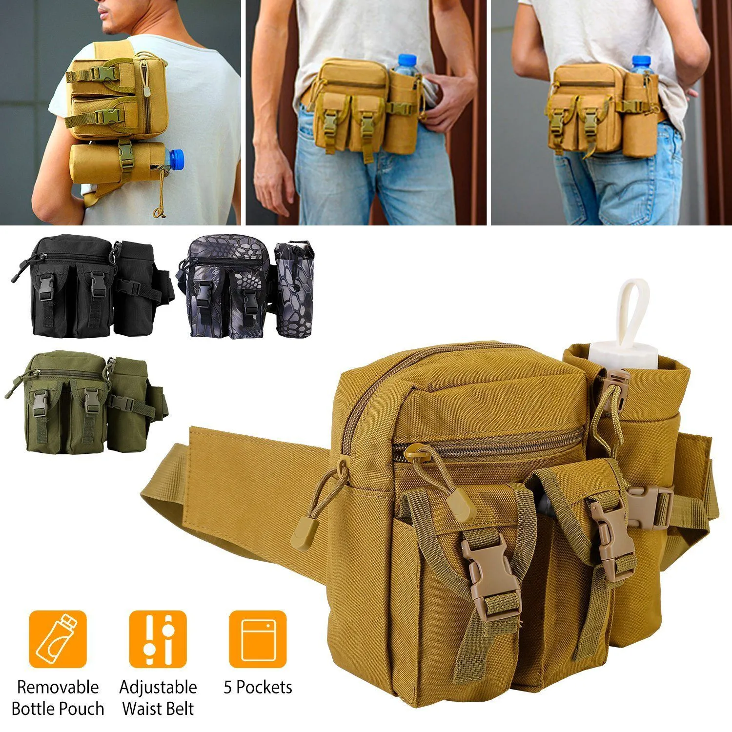 Tactical Waist Bag Utility Pouch Belt Bag with Water Bottle Pouch