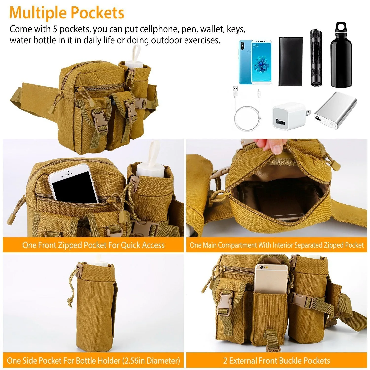 Tactical Waist Bag Utility Pouch Belt Bag with Water Bottle Pouch