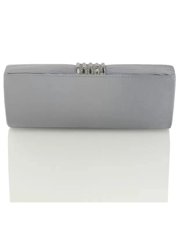 TESSA PLEATED DETAIL DIAMANTE RHINESTONE EVENING CLUTCH BAG IN SILVER SATIN