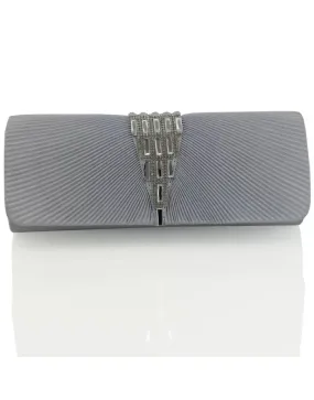 TESSA PLEATED DETAIL DIAMANTE RHINESTONE EVENING CLUTCH BAG IN SILVER SATIN