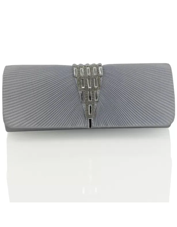 TESSA PLEATED DETAIL DIAMANTE RHINESTONE EVENING CLUTCH BAG IN SILVER SATIN