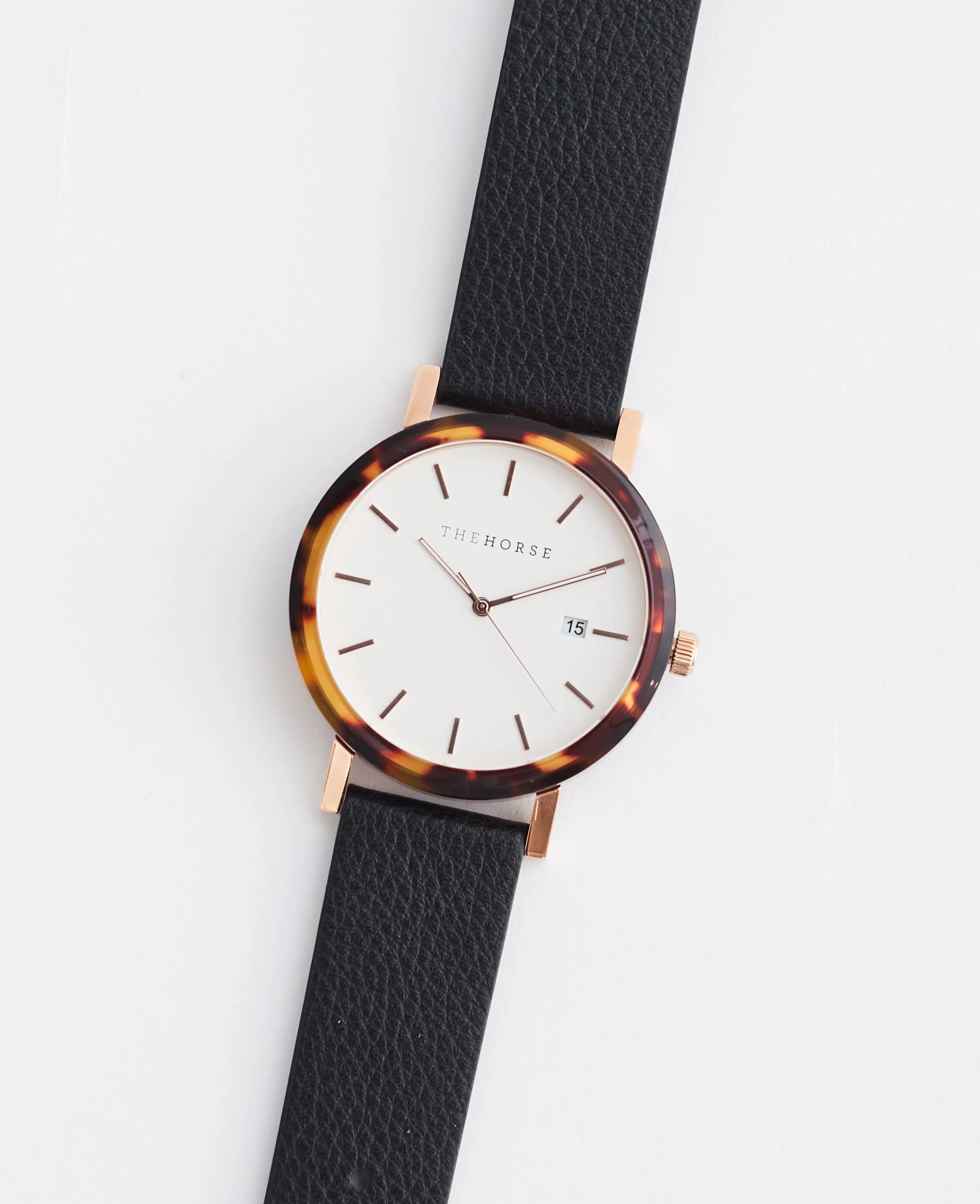 The Resin: Brown Tortoise / White Rose Gold Dial / Black Leather