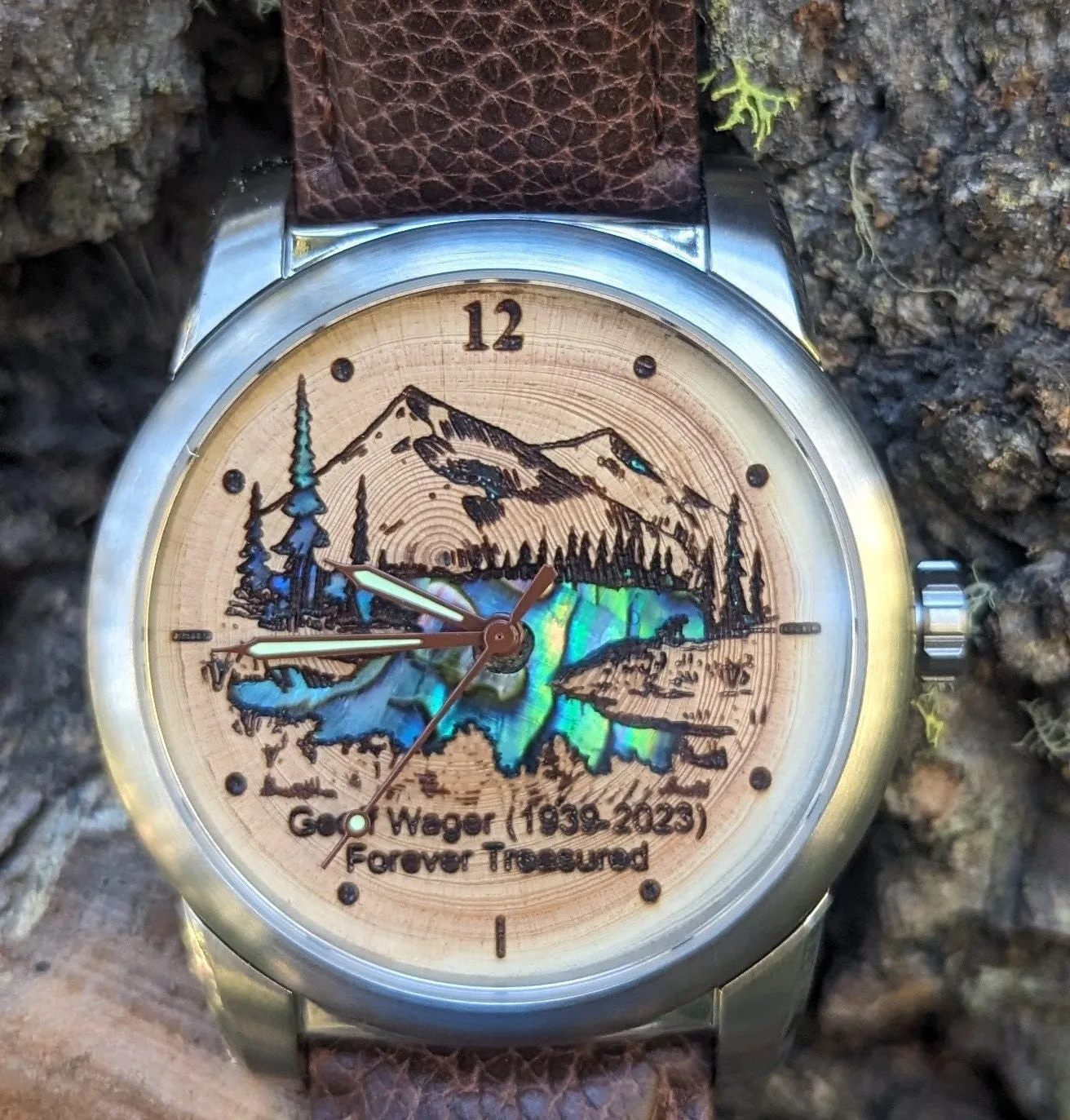 Tree Ring Urn Watch w/ Mother of Pearl Inlay