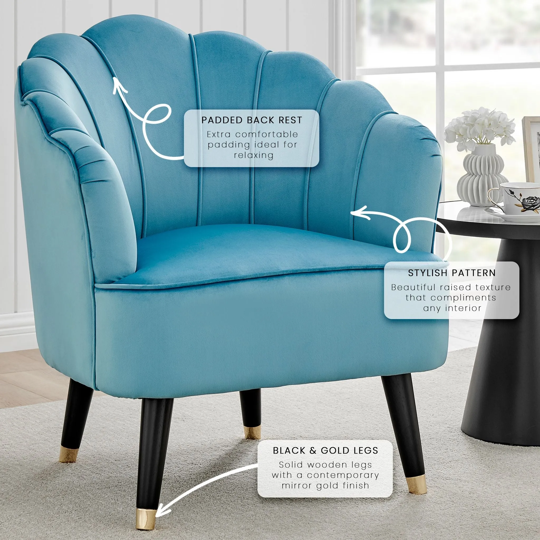 Velvet Shell Tub Chair with Wooden Legs - Blue