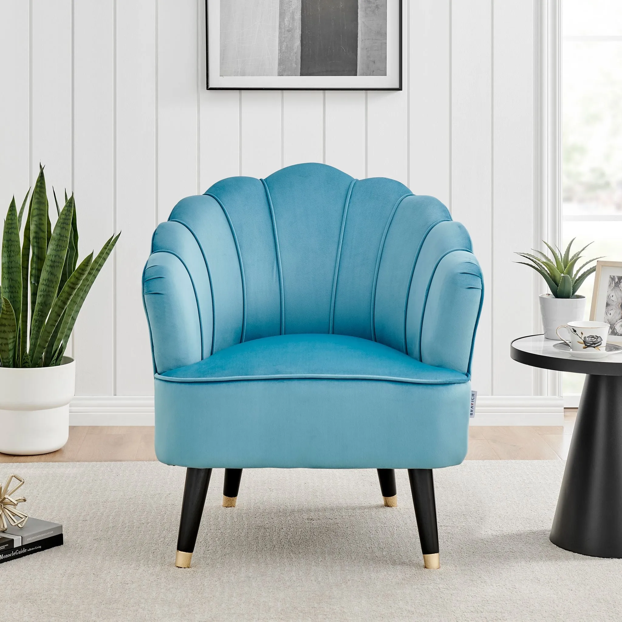 Velvet Shell Tub Chair with Wooden Legs - Blue