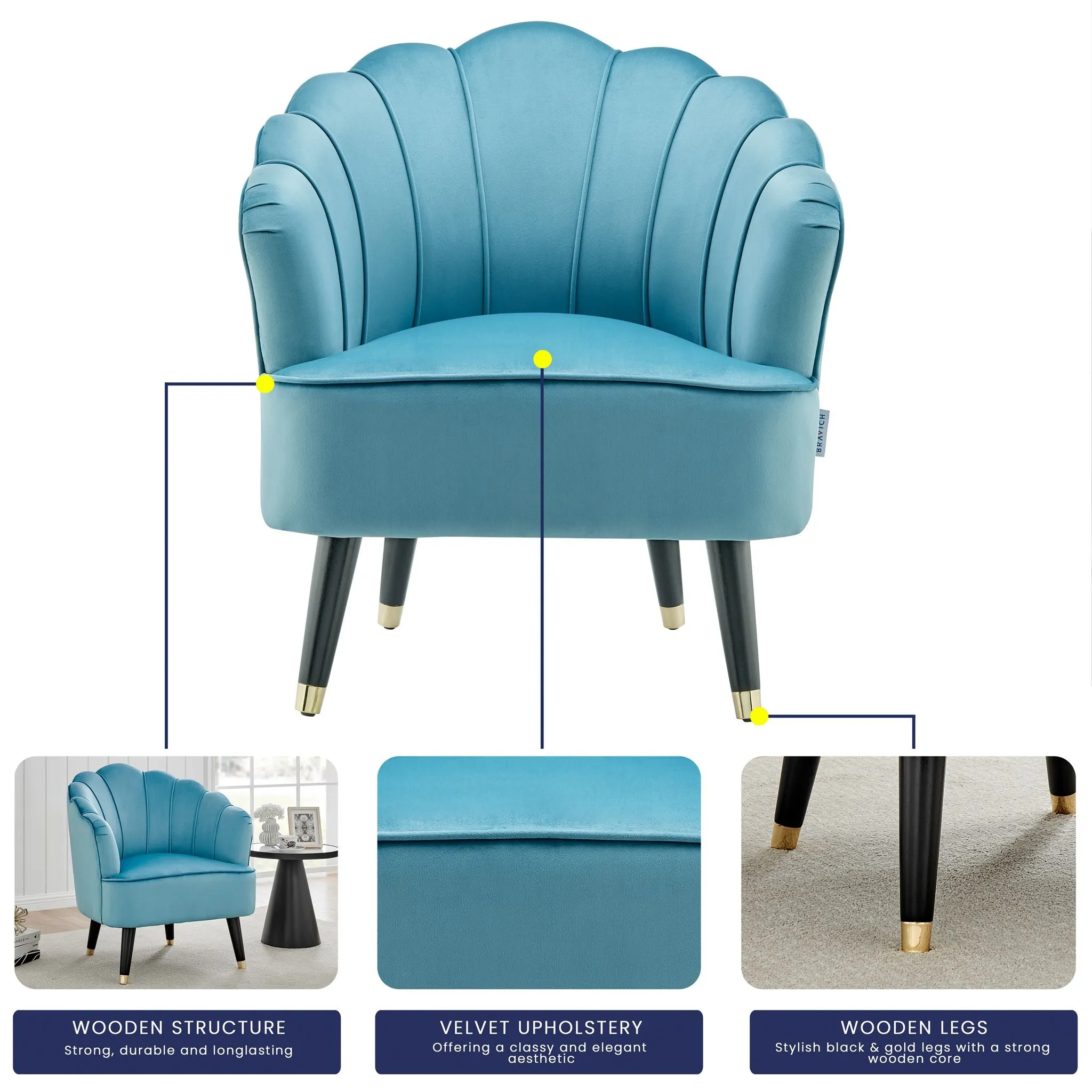 Velvet Shell Tub Chair with Wooden Legs - Blue