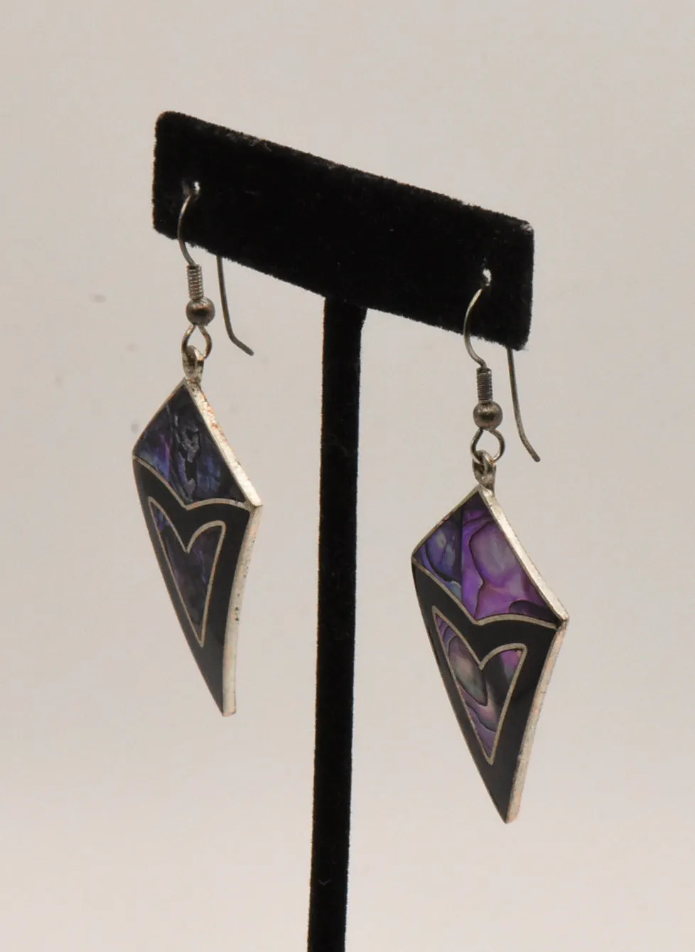 Vintage Alpaca Purple Abalone Shell and Enamel Dangle Earrings