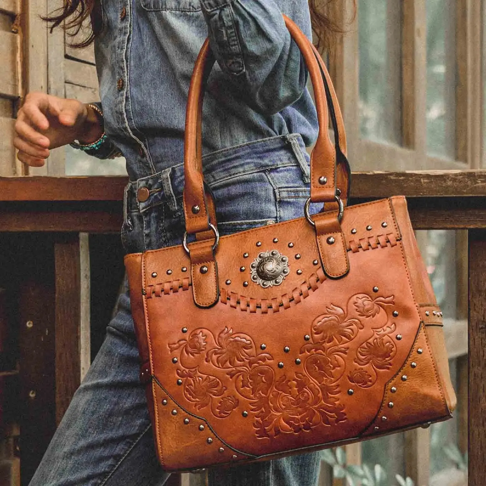 Vintage Embossed Concho Studs Shoulder Bag