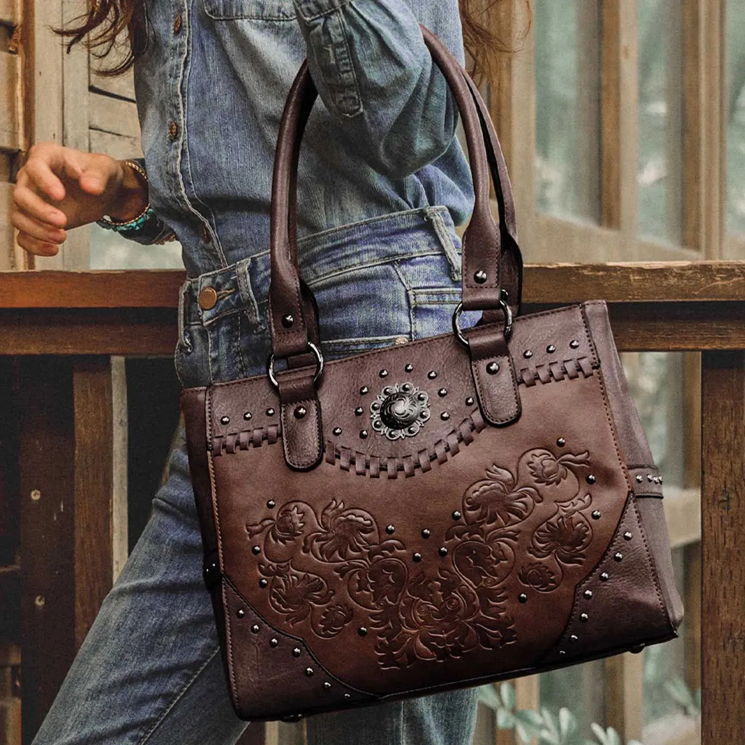 Vintage Embossed Concho Studs Shoulder Bag