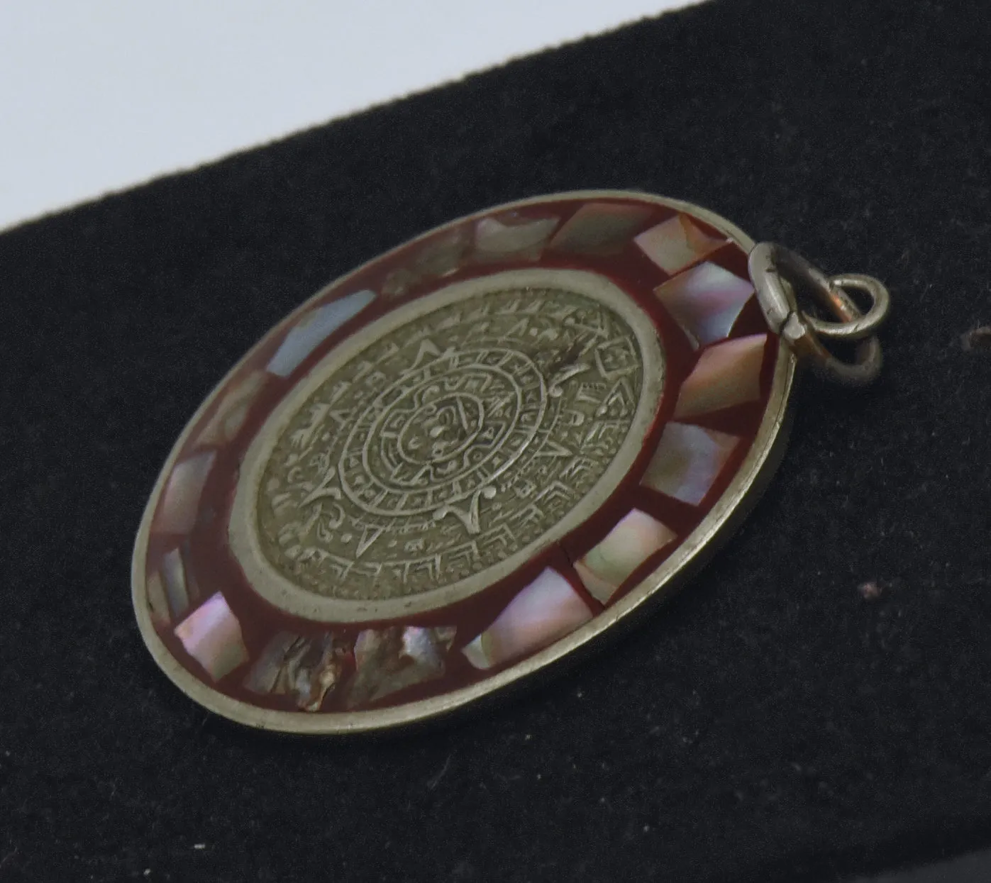 Vintage Handmade Maya Calendar Alpaca and Abalone Shell Pendant