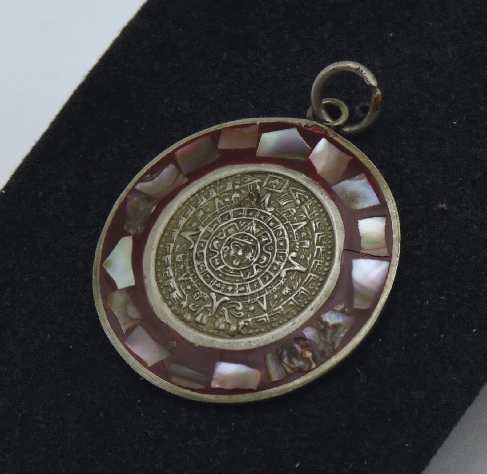 Vintage Handmade Maya Calendar Alpaca and Abalone Shell Pendant