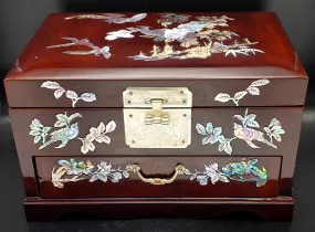 Vintage Lacquered Jewelry Box with Inalid Mother of Pearl Designs