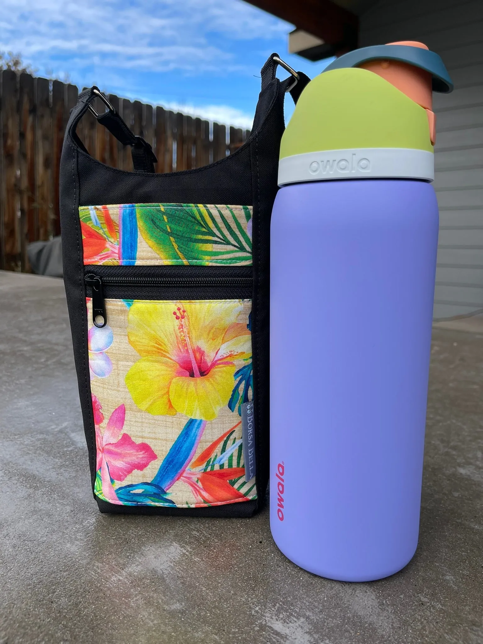 Water Bottle Crossbody Bag - Day Drinker - Hawiian Tropical Flower Fabric Pocket