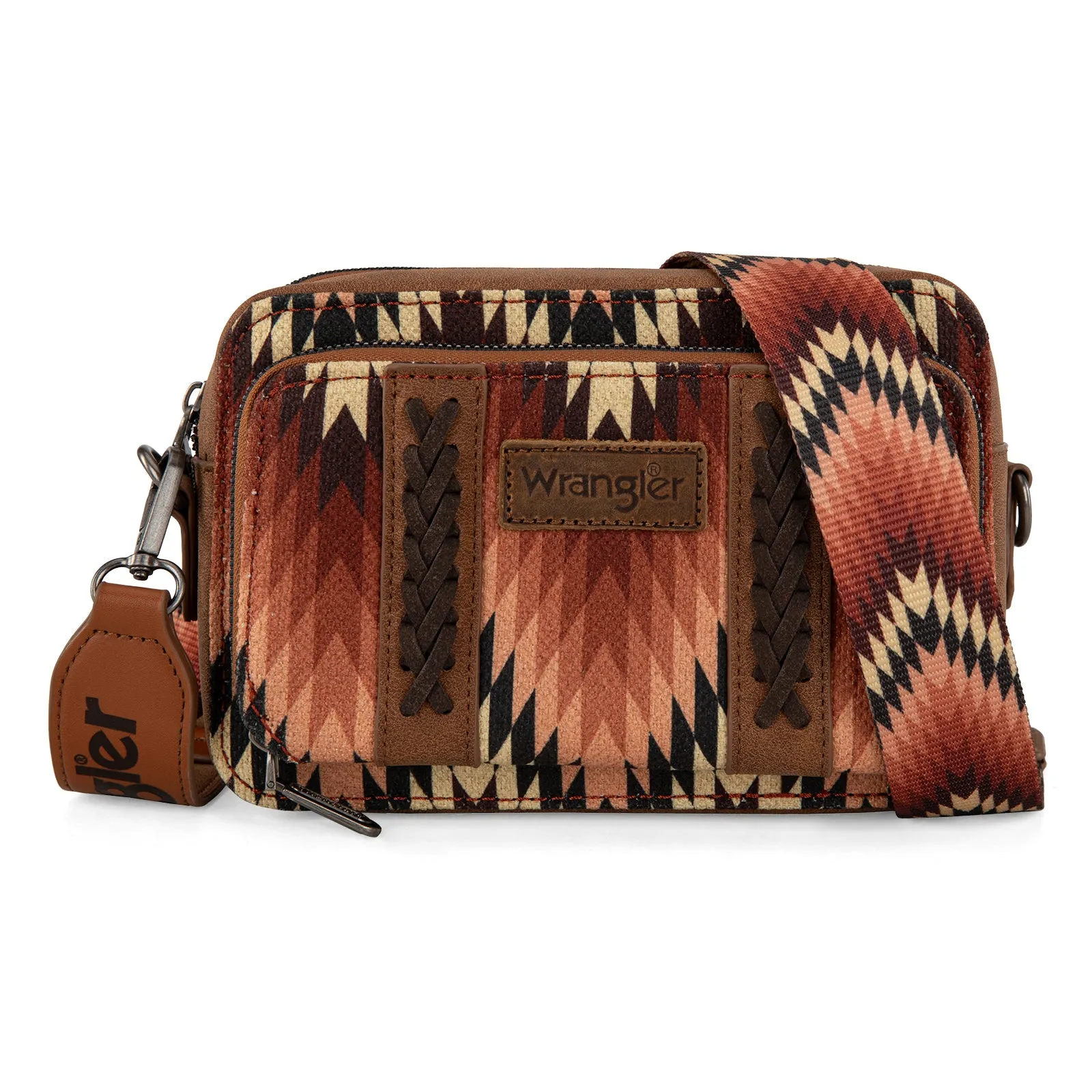 WG2211-3003  Wrangler Southwestern Pattern Dual Sided Print Crossbody Purse With Wallet Compartment -Brown