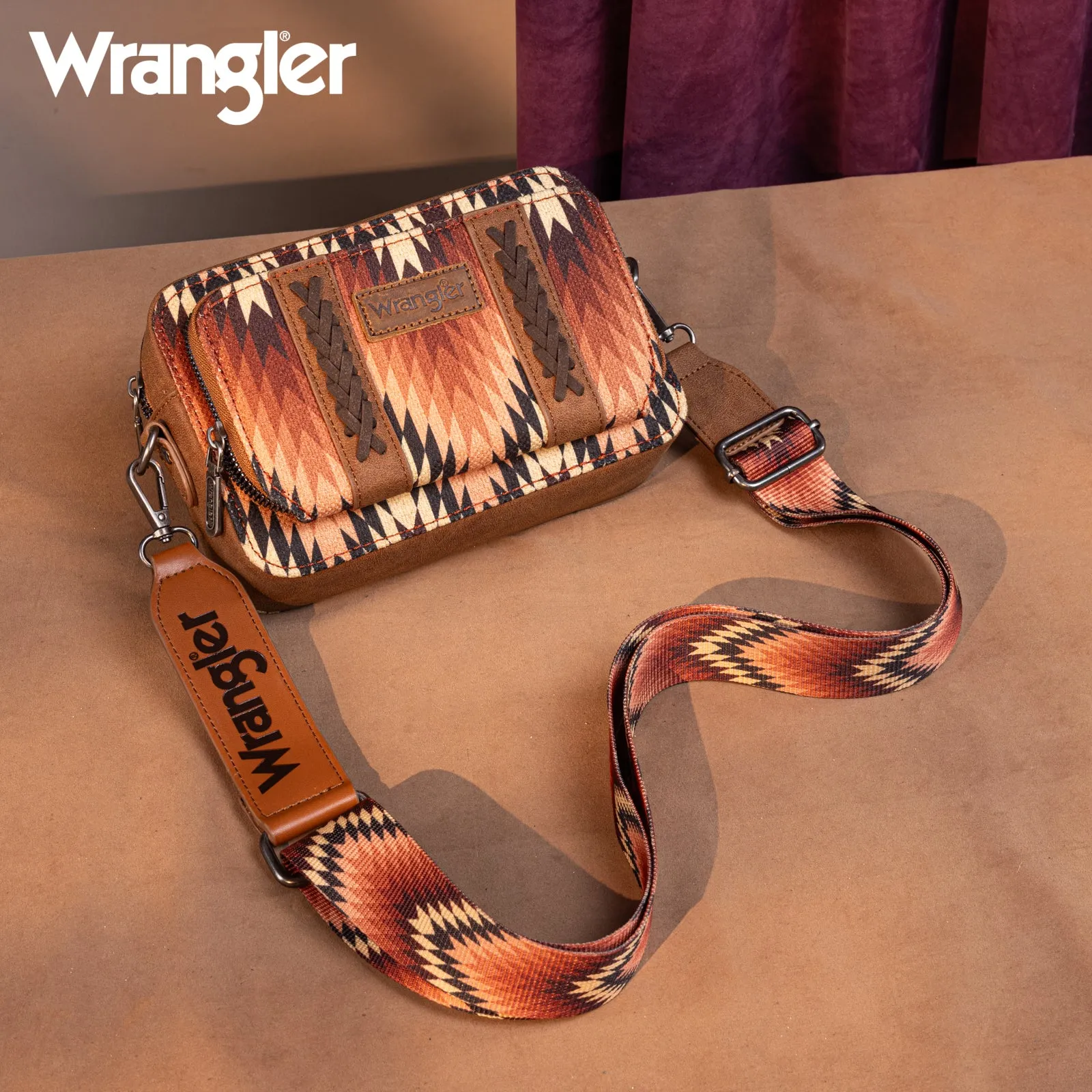 WG2211-3003  Wrangler Southwestern Pattern Dual Sided Print Crossbody Purse With Wallet Compartment -Brown