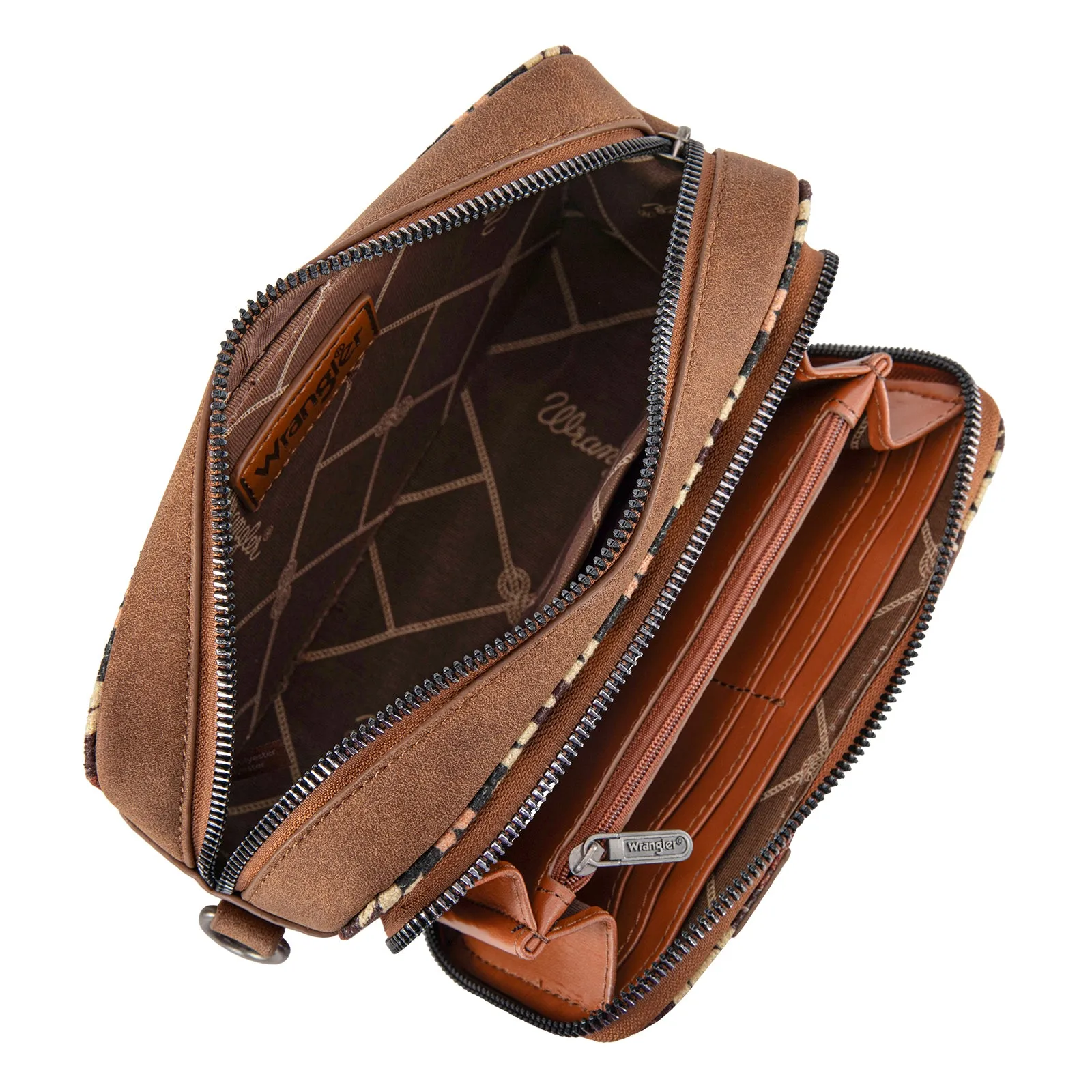 WG2211-3003  Wrangler Southwestern Pattern Dual Sided Print Crossbody Purse With Wallet Compartment -Brown