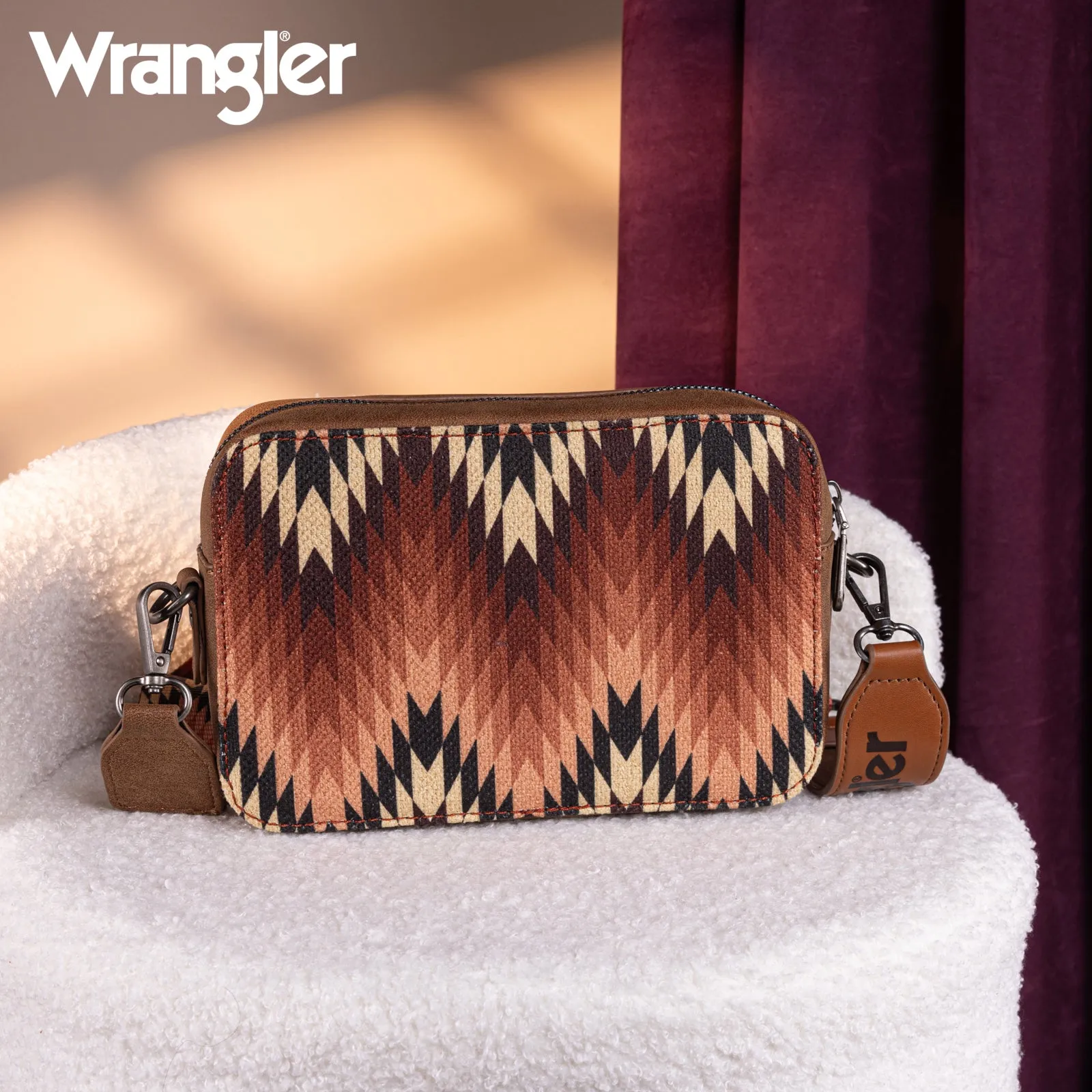 WG2211-3003  Wrangler Southwestern Pattern Dual Sided Print Crossbody Purse With Wallet Compartment -Brown