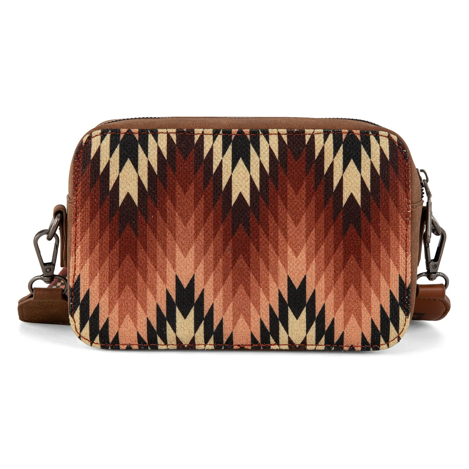 WG2211-3003  Wrangler Southwestern Pattern Dual Sided Print Crossbody Purse With Wallet Compartment -Brown