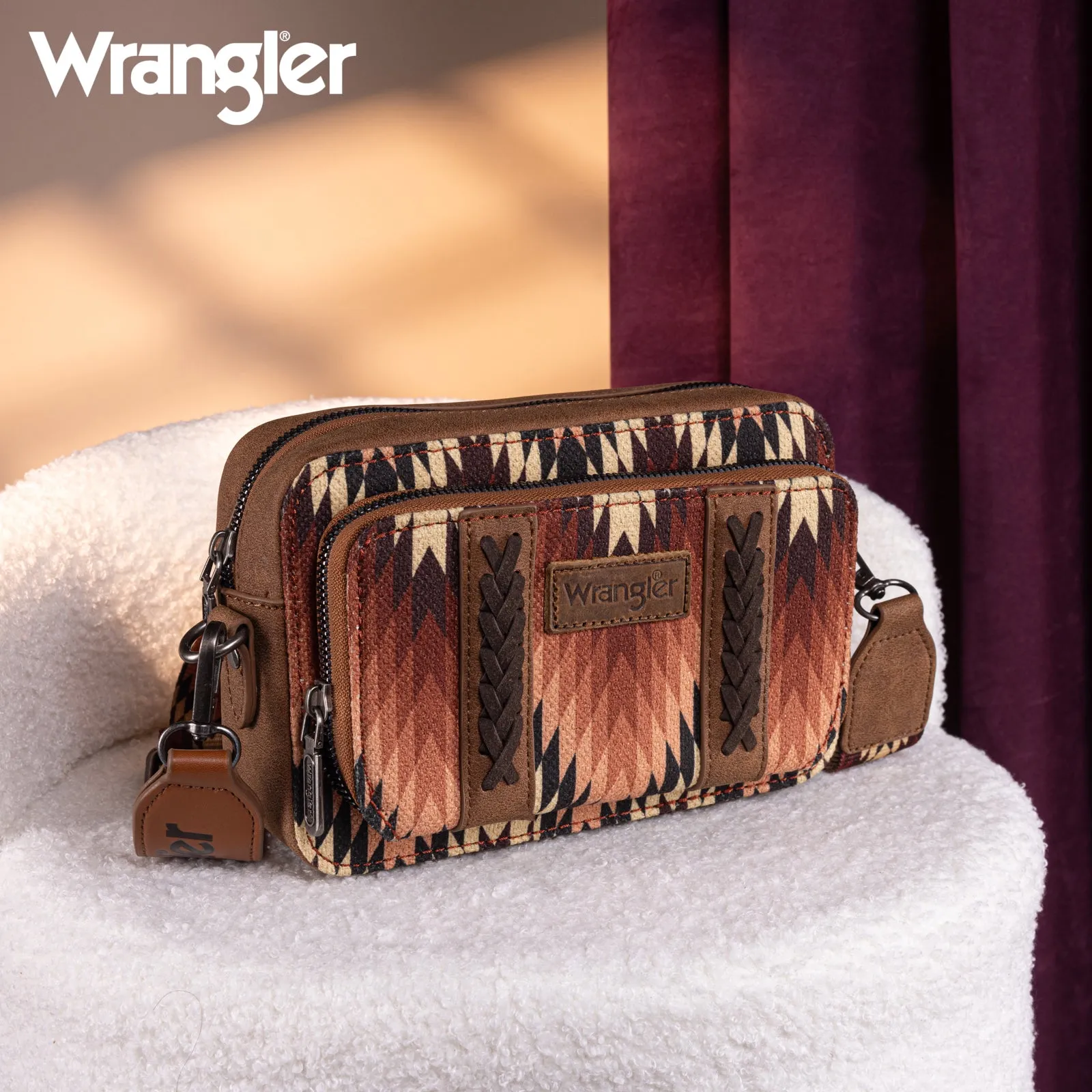 WG2211-3003  Wrangler Southwestern Pattern Dual Sided Print Crossbody Purse With Wallet Compartment -Brown